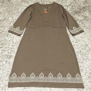 NWT Acacia Organic Cotton Brown 3/4 Sleeve V-Neck Knee Length Dress Womens sz M